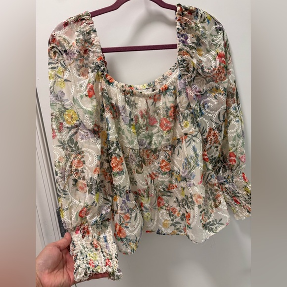 Alice + Olivia Rowa Embroided Floral Tiered Puffed Long Sleeve Top Size XS - Picture 4 of 8